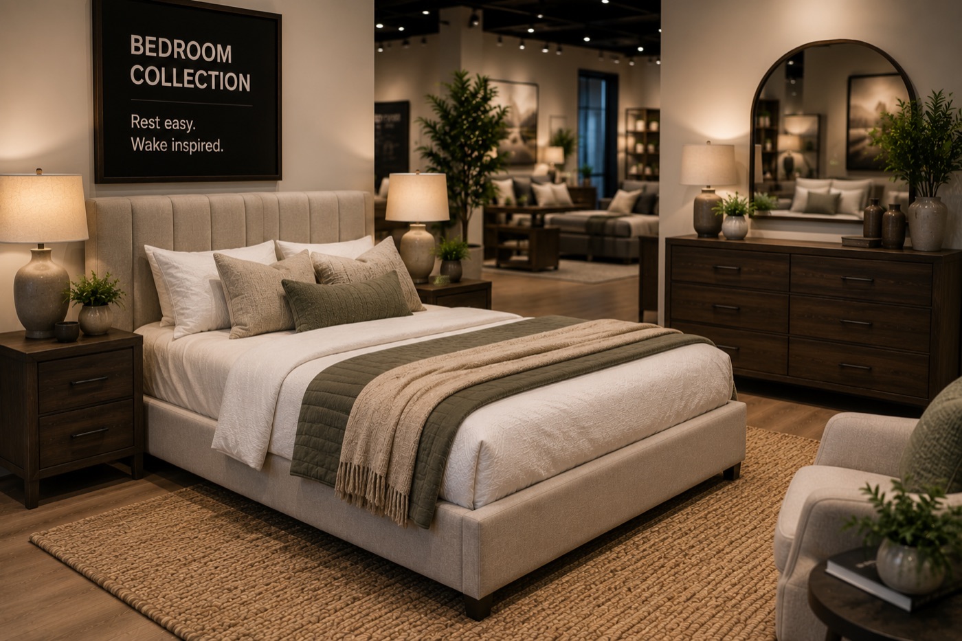 A close-up of a tufted upholstered bed dressed with layered cream and olive linen in the bedroom collection area