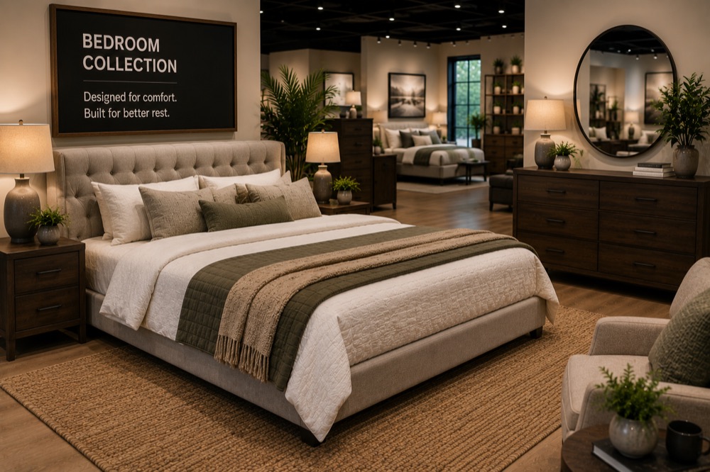 A bedroom display with an upholstered bed, dark wood dresser and reading chair beside a 'Bedroom Collection' sign