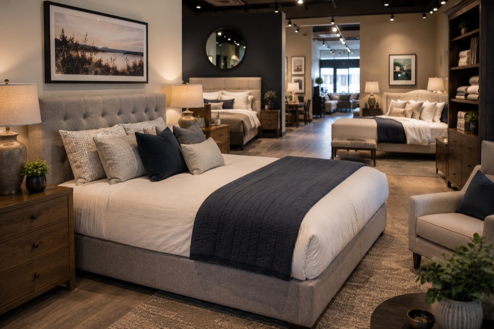 Two upholstered beds dressed with cream and charcoal bedding on the showroom floor