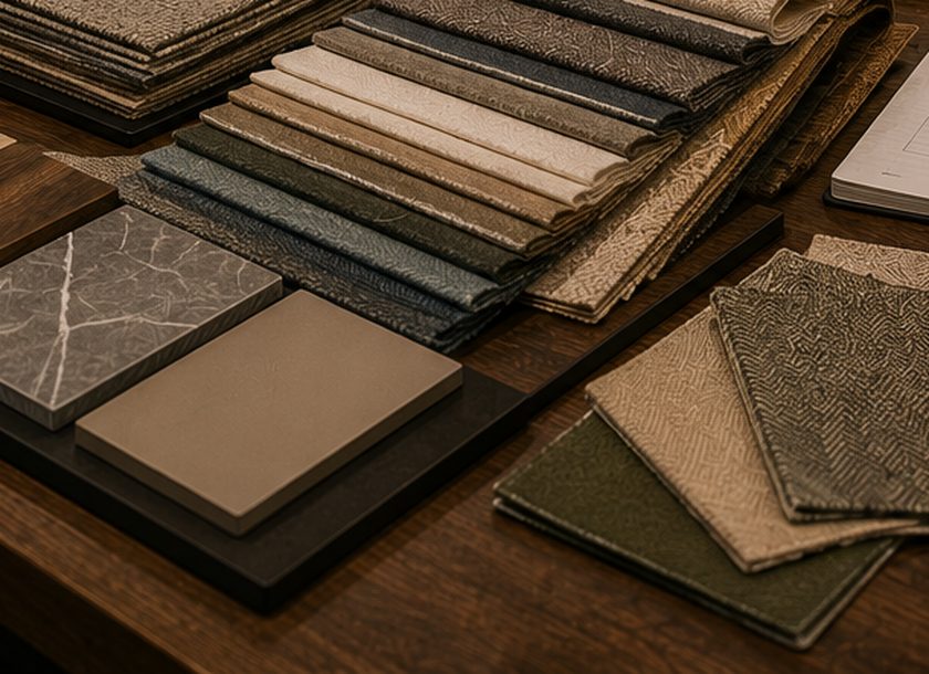 A close-up of folded fabric swatches, textured samples and stone and wood finish tiles laid out on a table