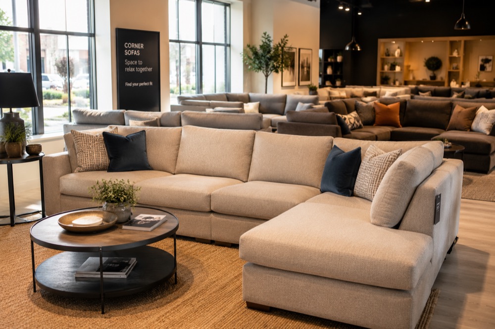 A large taupe corner sofa on display beside a 'Corner Sofas' showroom sign