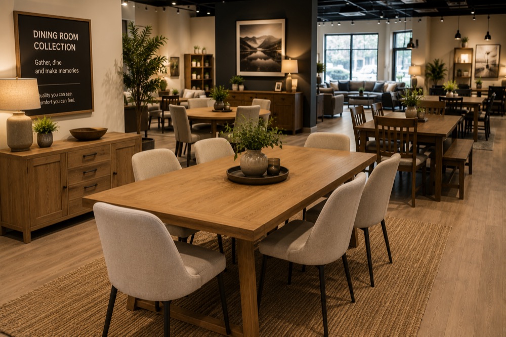 A wooden dining table set for six beside a 'Dining Room Collection' showroom sign