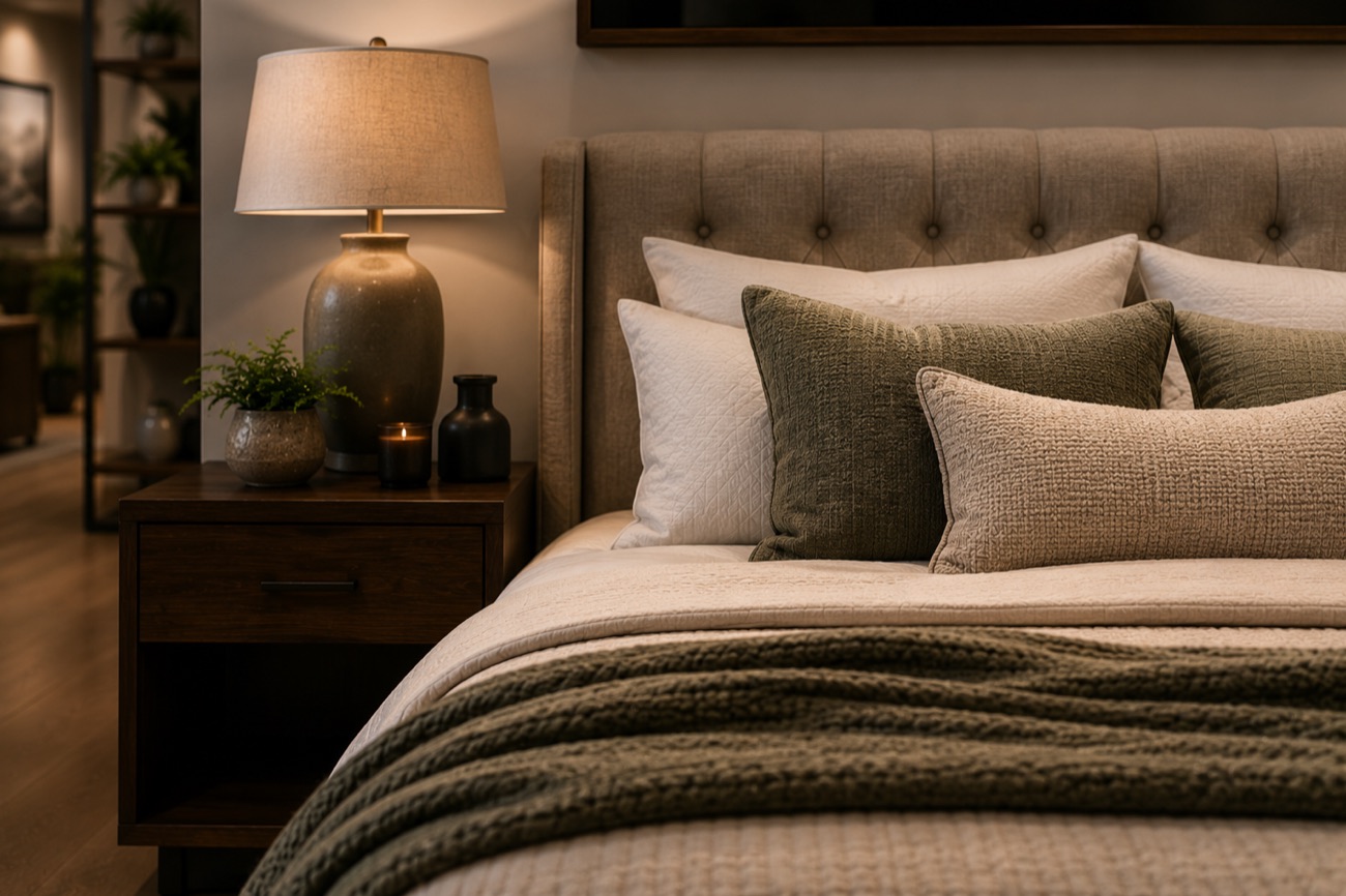 A close-up of layered cream and olive cushions and a folded throw on a dressed bed