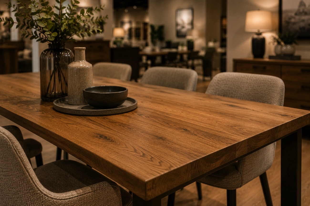 A close-up of a wood-grain dining table set with a ceramic vase and bowl