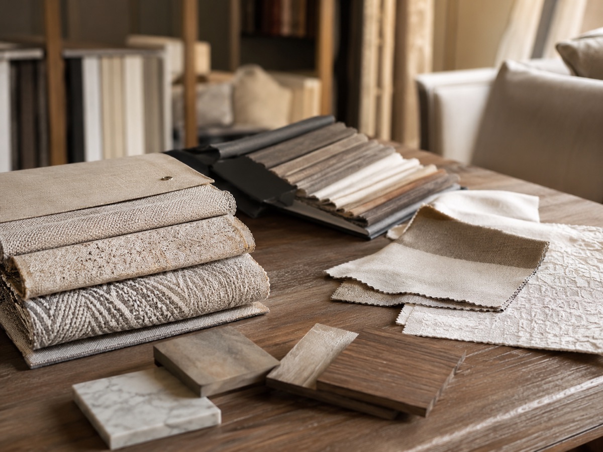 Folded fabric swatches, leather samples and wood and stone finish samples laid out for comparison