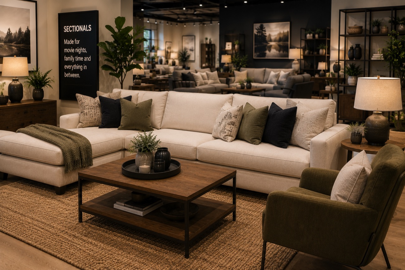 A sectional sofa with olive and charcoal cushions styled with a wooden coffee table, beside a 'Sectionals' showroom sign