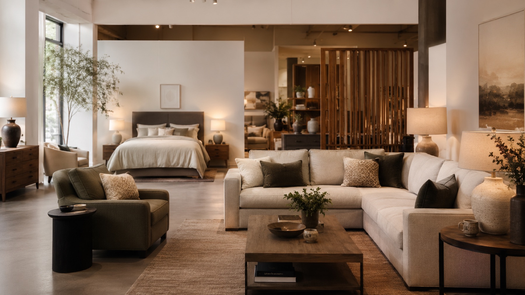 A warm, softly lit showroom display at Norfolk Sofa & Bed Co., combining a dressed bedroom set with a beige corner sofa arrangement