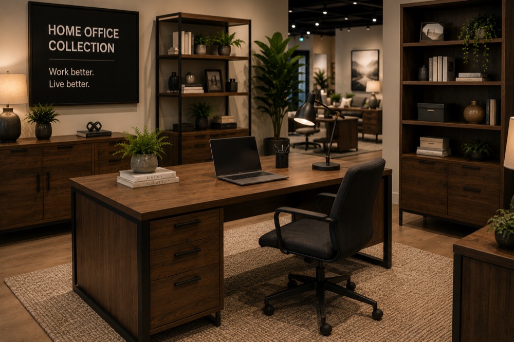 A home office display with a wooden desk, task chair and shelving beside a 'Home Office Collection' sign
