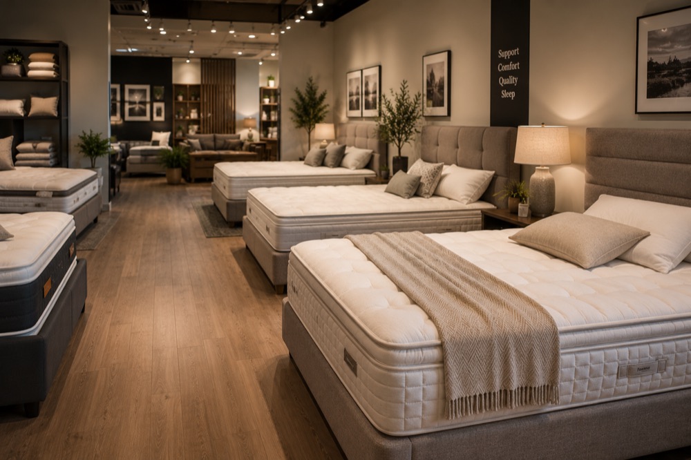 A row of premium mattresses on display beds, styled with soft throws, beside a 'Support, Comfort, Quality, Sleep' sign