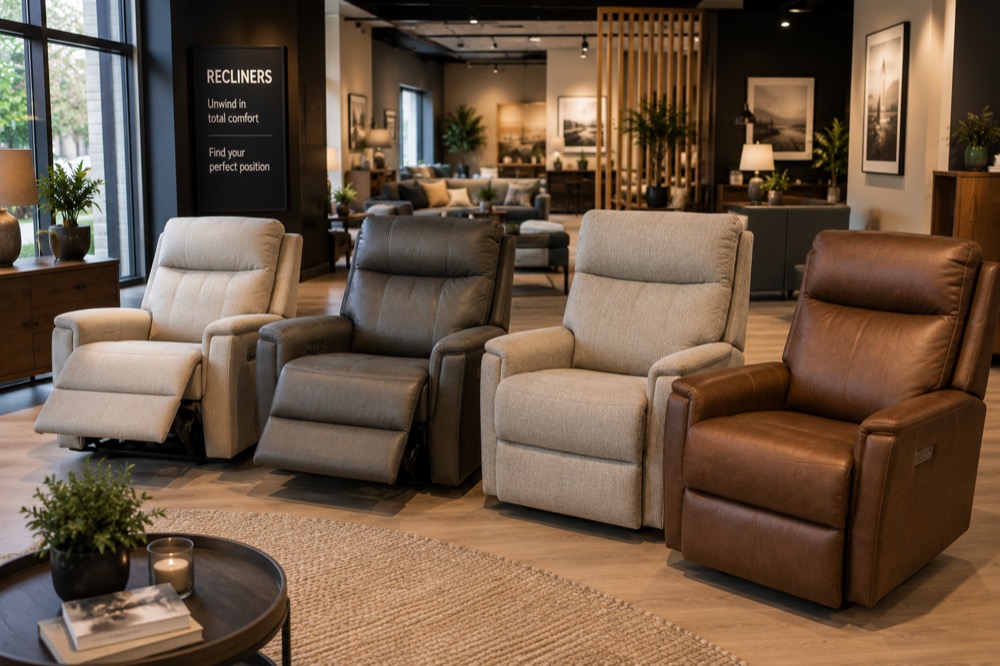 Four recliner armchairs in cream, charcoal and tan leather beside a 'Recliners' showroom sign