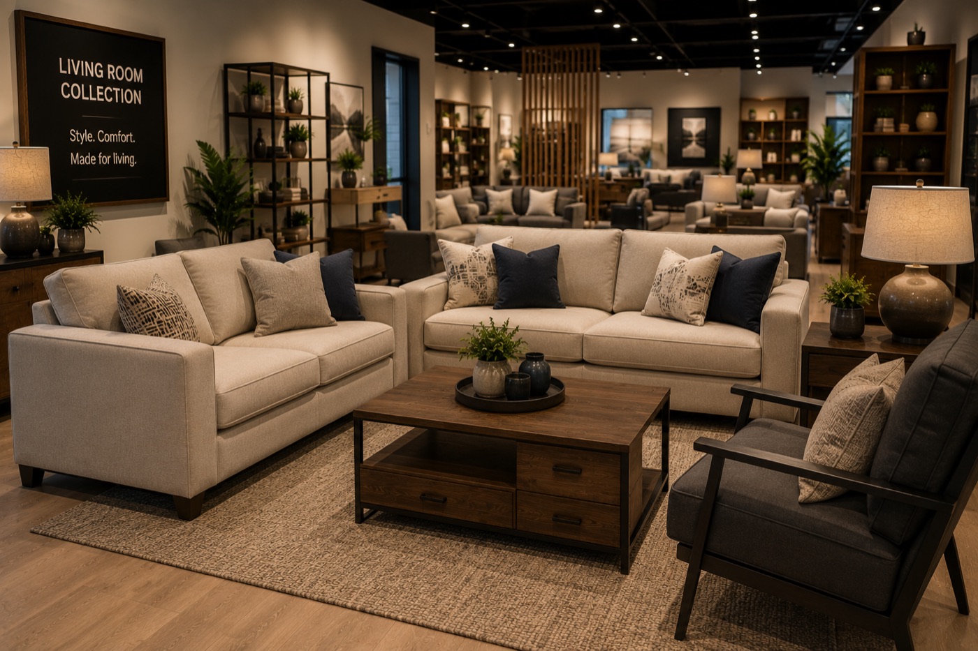 A spacious cream corner sofa arrangement in the showroom's living room collection area