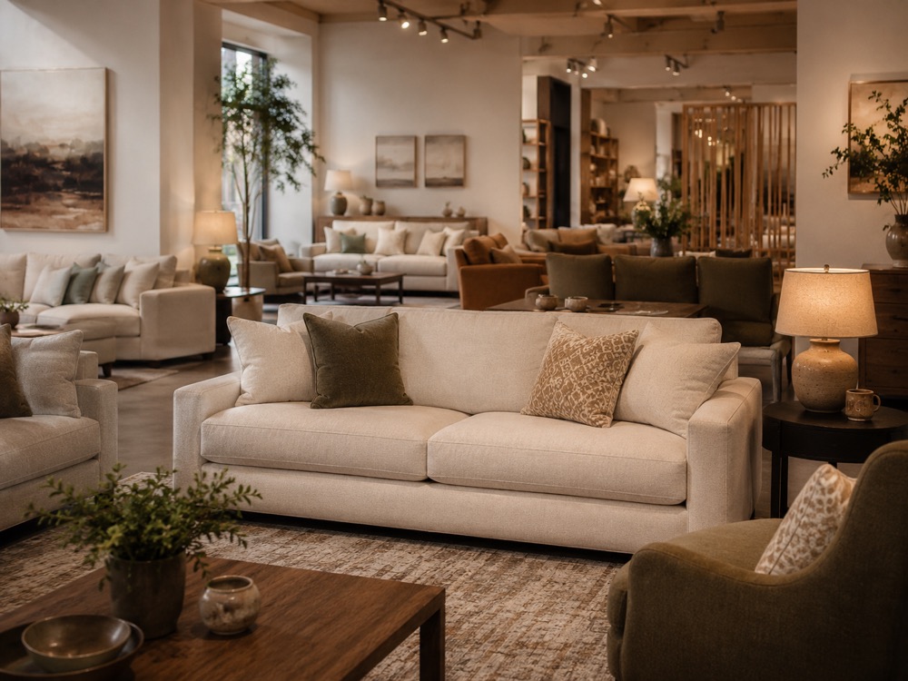 A cream fabric sofa with patterned and plain cushions on the showroom floor